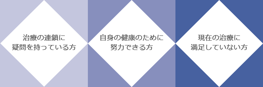 治療の連鎖に疑問を持っている方 自身の健康のために努力できる方 現在の治療に満足していない方